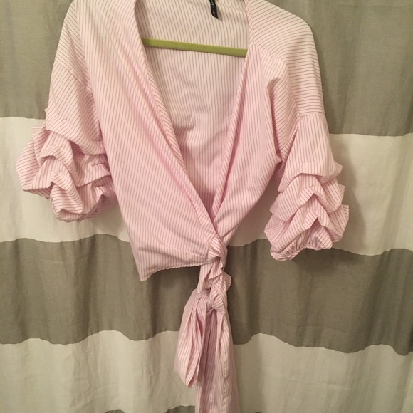 Pink And White Ruffled Crop Top With Tie - Picture 1 of 3